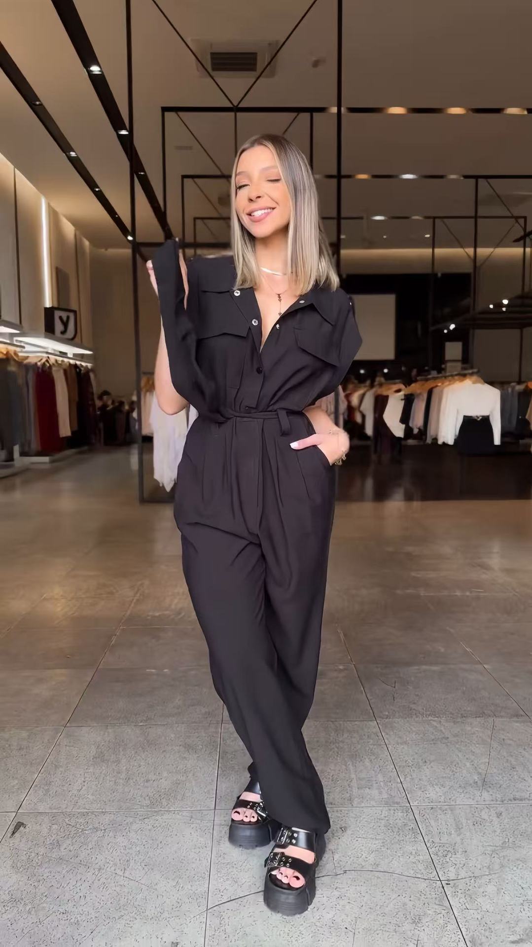 High Waist Long Leg Sleeveless Tooling Jumpsuit