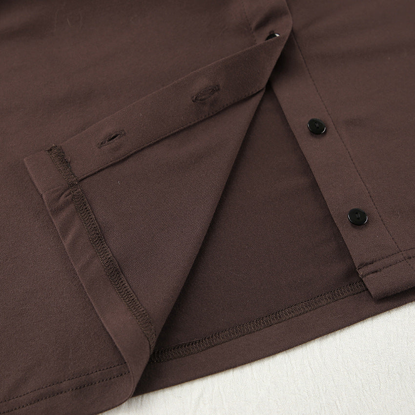 Brown long sleeve shirt with exposed placket from Soft Comfortable Cardigan Long Sleeve Pants Suit