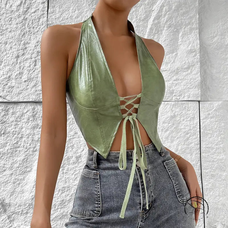 Lustrous pale green solid color halter lace-up faux leather vest
