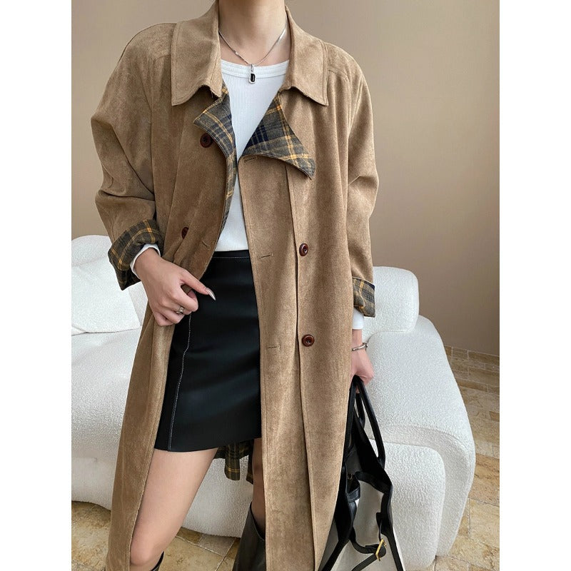 Faux Double Sided Wear Retro Plaid Stitching Coat