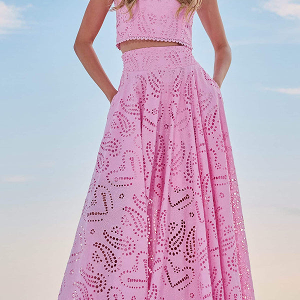 Pink eyelet crop top and maxi skirt set for casual vacation fashion ملابس by Langry