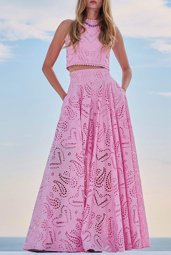 Pink eyelet crop top and maxi skirt set for casual vacation fashion ملابس by Langry