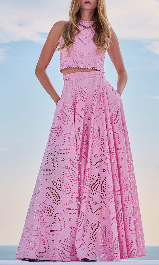 Pink eyelet crop top and maxi skirt set for casual vacation fashion ملابس by Langry
