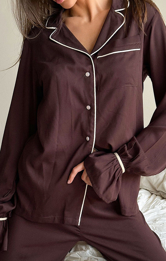 Langry fashion brown satin pajama set with white piping and ruffled cuffs