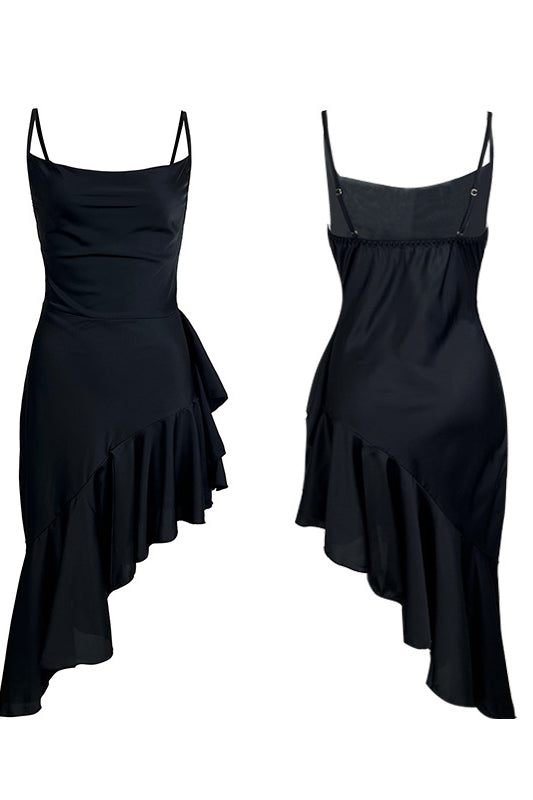 Black satin oblique swing dress with spaghetti straps and ruffled asymmetrical hem