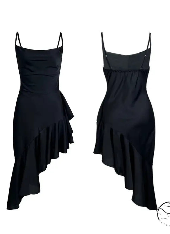 Black cowl neck mini dress with satin oblique swing ruffled spaghetti straps