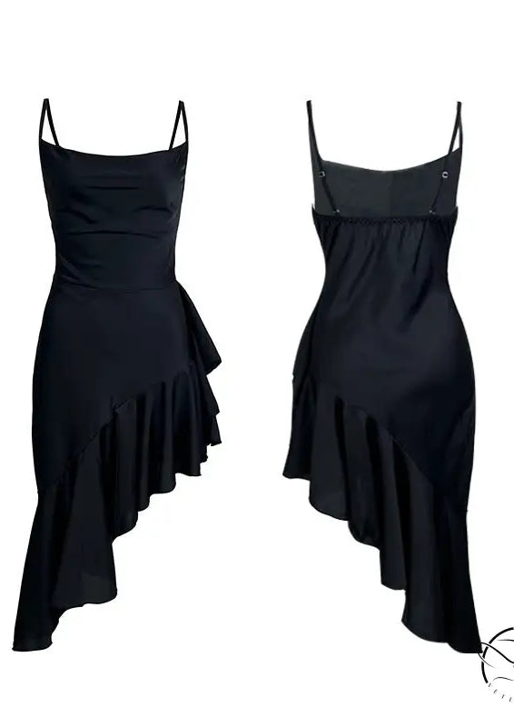 Black cowl neck mini dress with satin oblique swing ruffled spaghetti straps