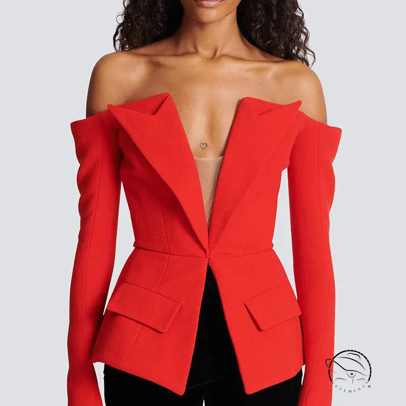 Elegant red off-shoulder langry fashion blazer with V-neck