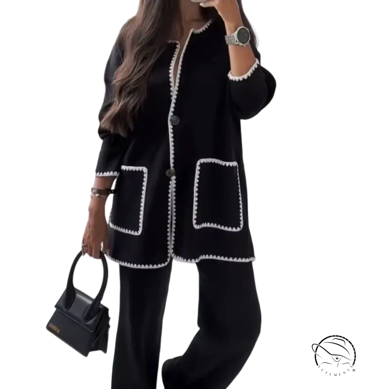 Black coat with white crochet trim in women autumn winter stitching bag set
