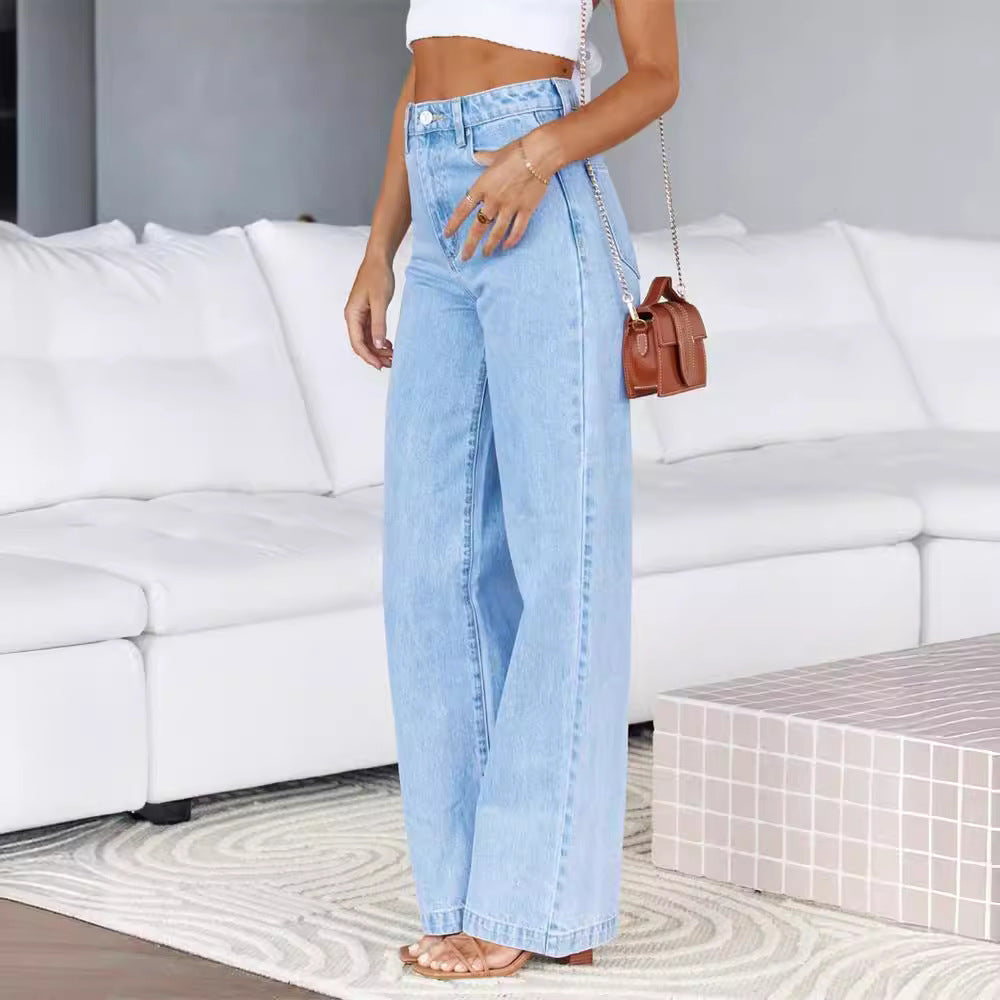 Light blue stretchy denim trousers worn by a person, stylish langry fashion jeans