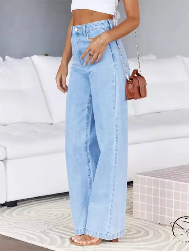 Women stretchy wide leg light blue denim trousers on model