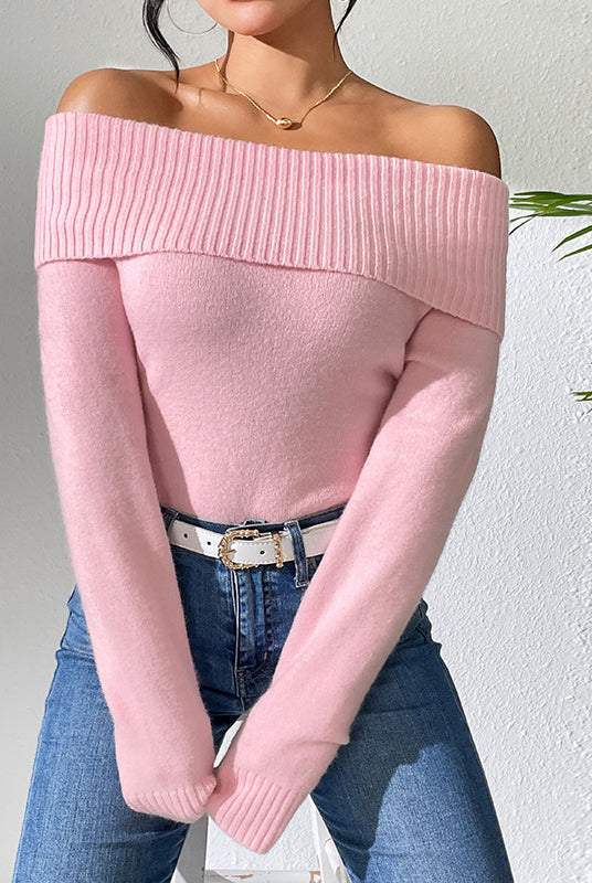 Pink off-the-shoulder knitted solid color bottoming sweater for stylish women