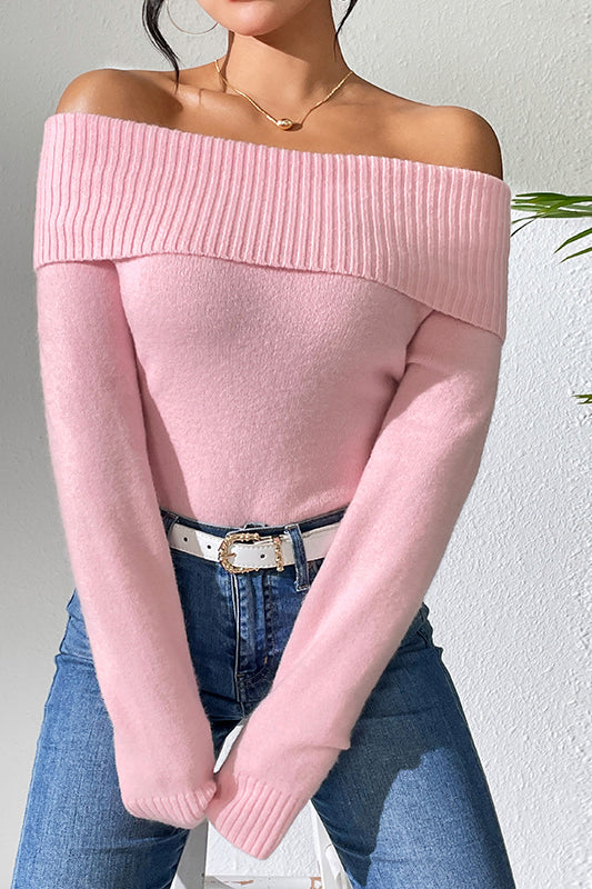 Pink off-the-shoulder knitted solid color bottoming sweater for stylish women
