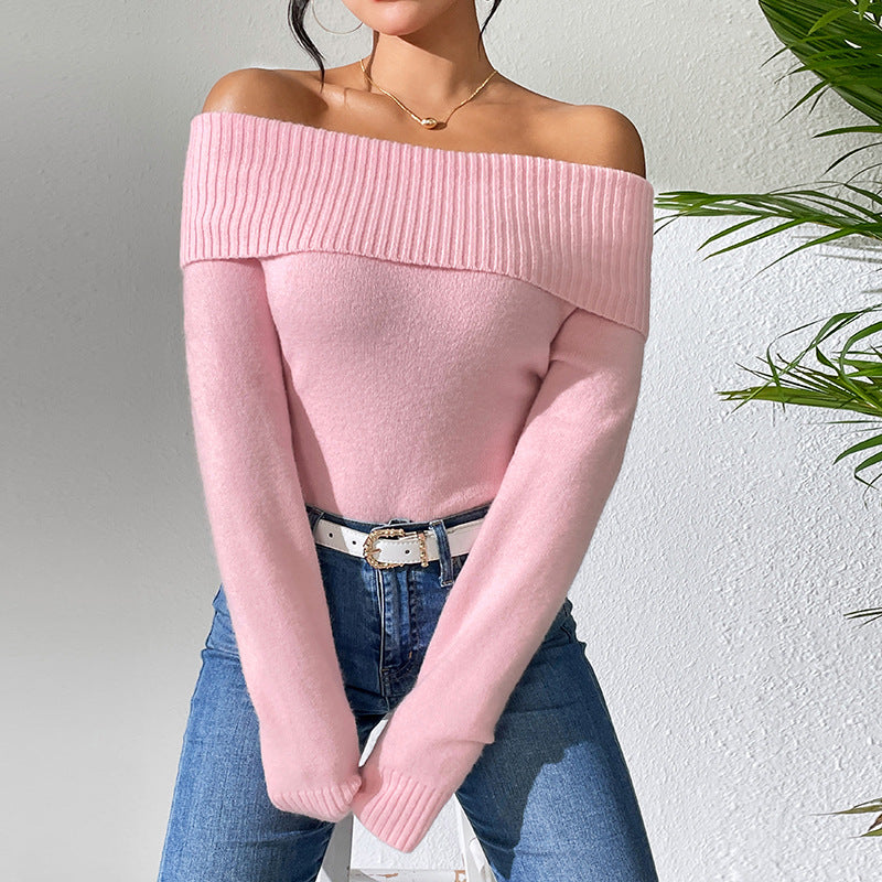 Pink off-the-shoulder knitted solid color bottoming sweater for stylish women