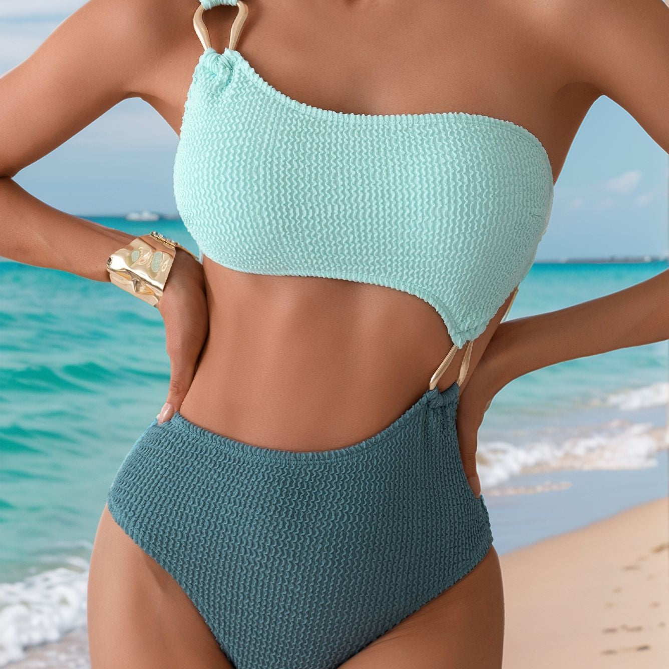 Mint green and teal one-shoulder swimsuit with cutouts from the Stunning Hollow Out Bikini collection