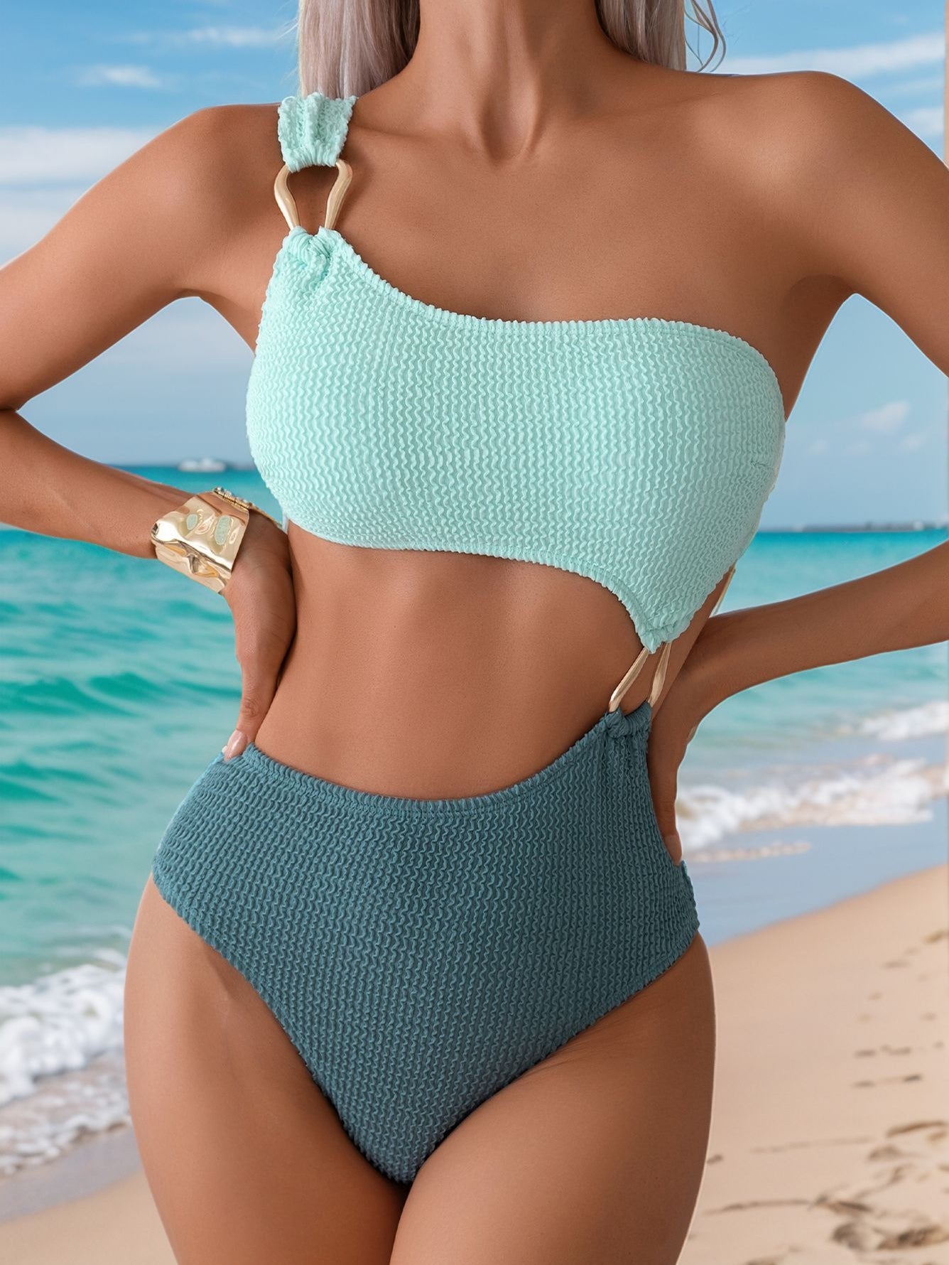 Mint green and teal one-shoulder swimsuit with cutouts from the Stunning Hollow Out Bikini collection