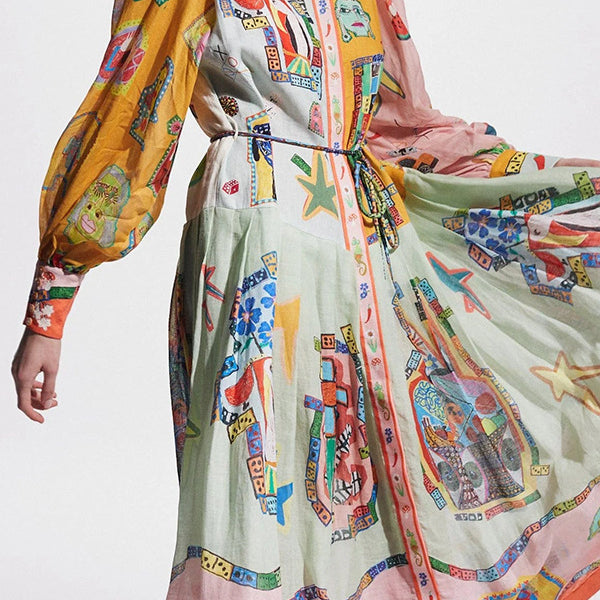 Single Breasted Long Lantern Sleeve Graffiti Printing Lace Up Large Swing Dress