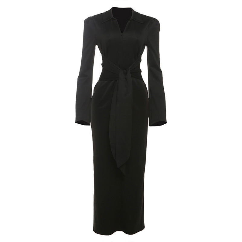 Gorgeous waist tight slim fit black long-sleeved V-neck dress with belt