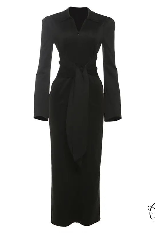 Gorgeous waist tight slim fit black long-sleeved v-neck dress with belt