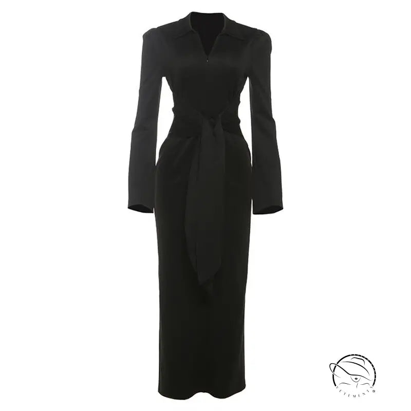 Gorgeous waist tight slim fit black long-sleeved v-neck dress with belt