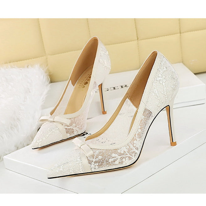 Cocktail High Heel Women Shoes Bow Sequined Lace Mesh Pointed Shallow Mouth Stiletto