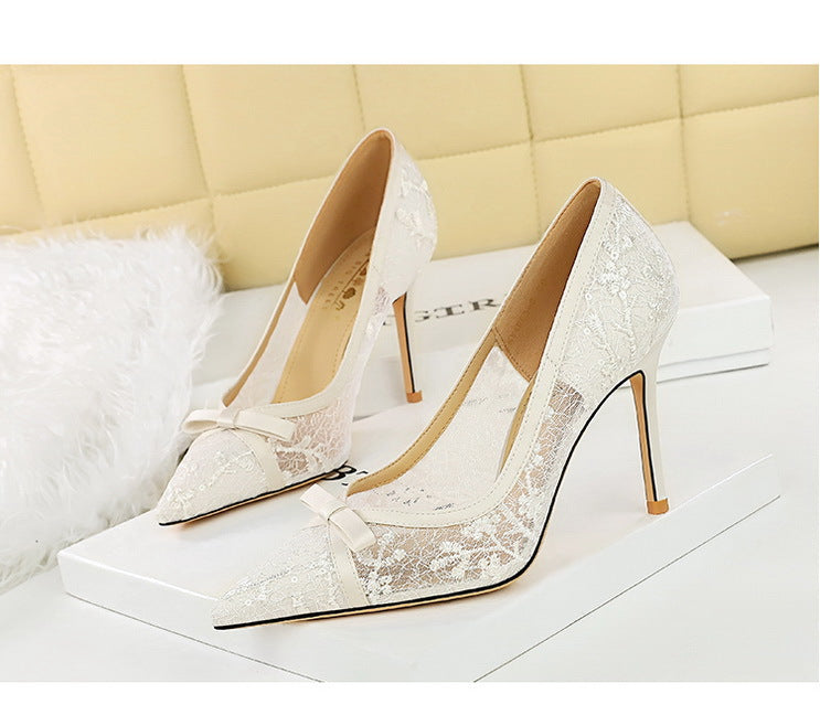 Cocktail High Heel Women Shoes Bow Sequined Lace Mesh Pointed Shallow Mouth Stiletto