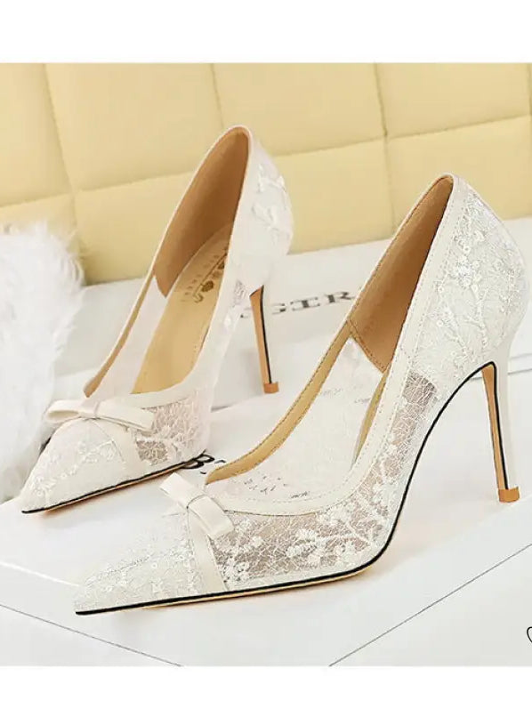 Cocktail High Heel Women Shoes Bow Sequined Lace Mesh Pointed Shallow Mouth Stiletto