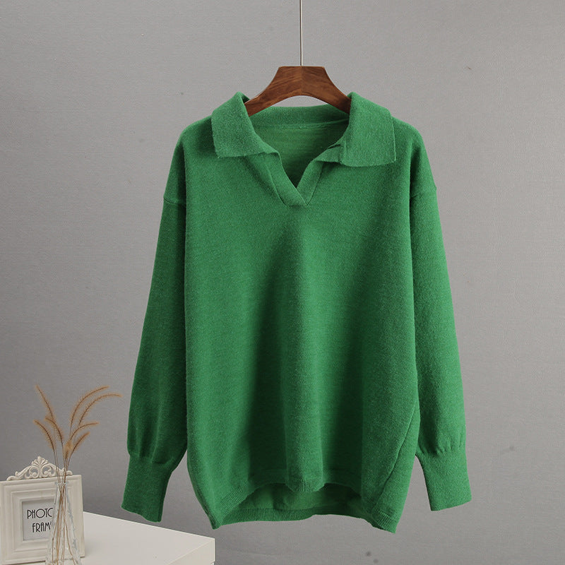 Warm Polo Collar Knitted Sweater in green, stylish langry fashion and ملابس for winter