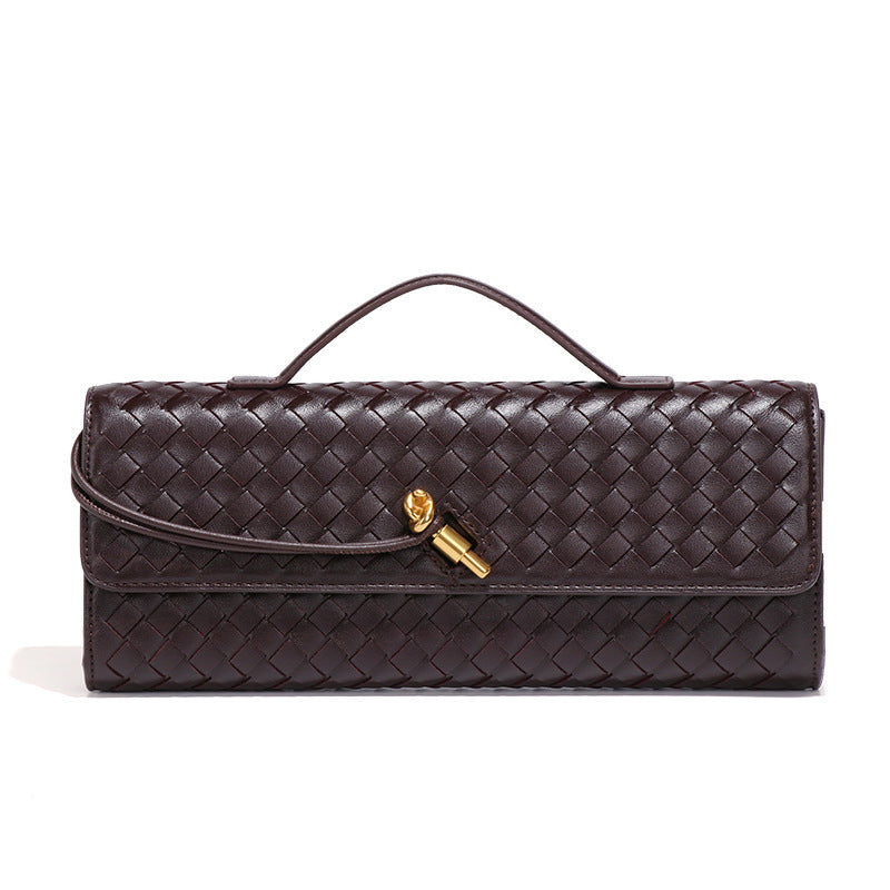 Brown woven leather clutch with handle from the Soft Leather Mid Ancient Baguette Bag, fashion accessory