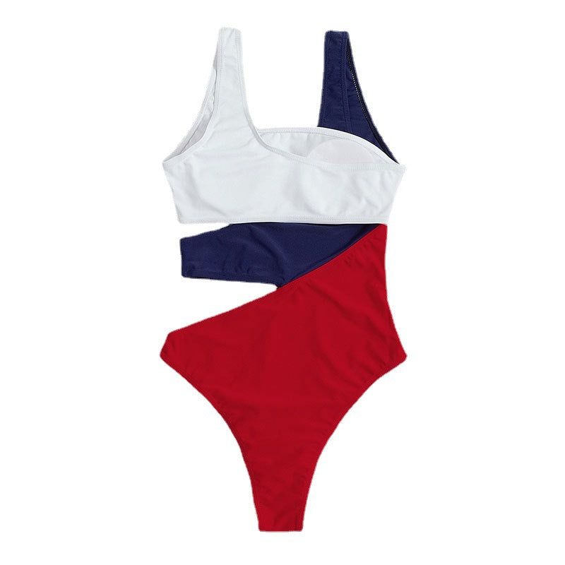 Red white and blue one-piece swimsuit with cutout high waist for beach beauty