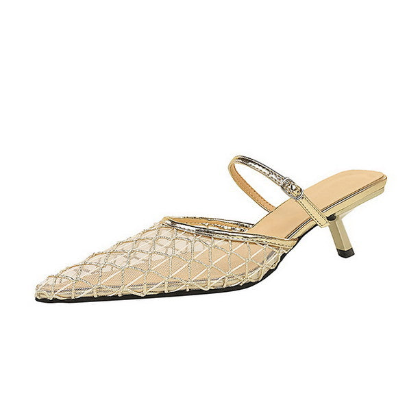Langry fashion gold glitter mule heel in mesh lace pointed toe stiletto sandal