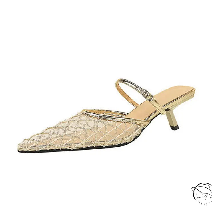 Langry fashion mesh lace pointed toe stiletto sandal with gold glitter mule heel