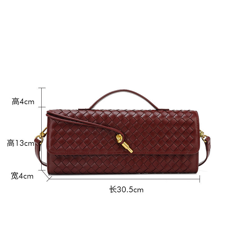 Burgundy woven leather handbag dimensions showcasing the Soft Leather Mid Ancient Baguette Bag fashion