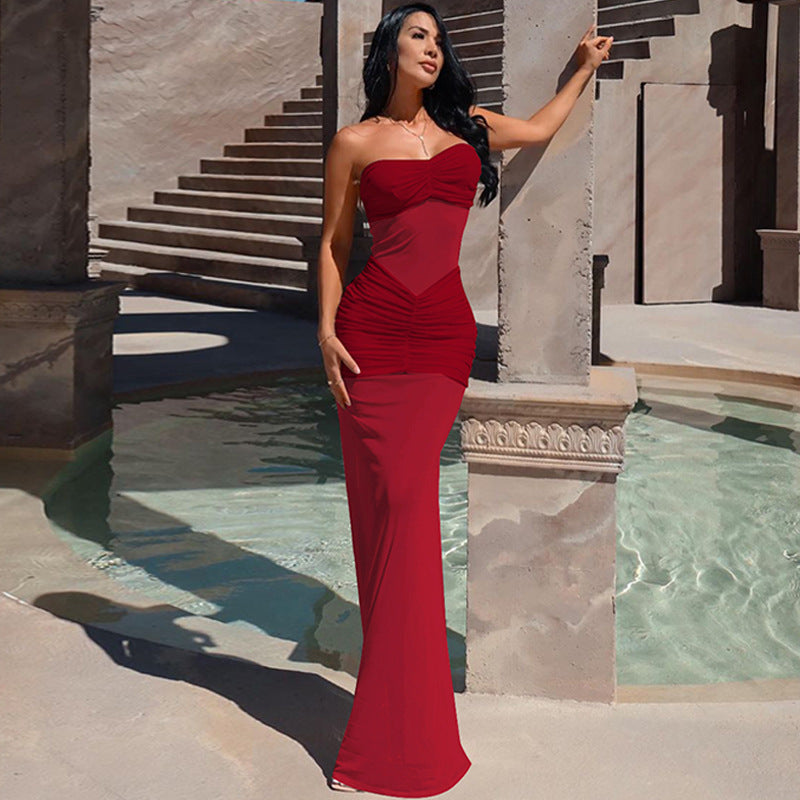 Elegant strapless red gown from Beautiful Mesh Stitching Dress, perfect for fashionable occasions
