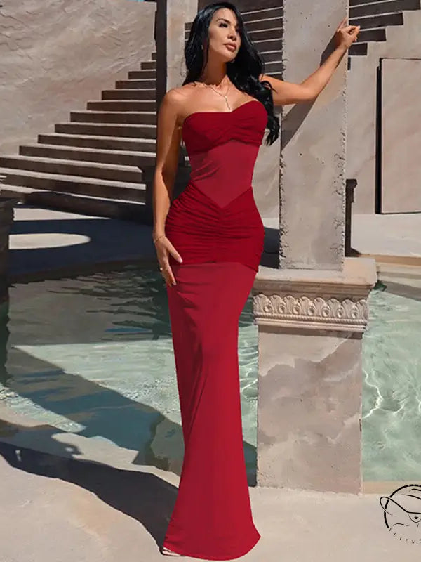 Elegant strapless red beautiful mesh stitching dress
