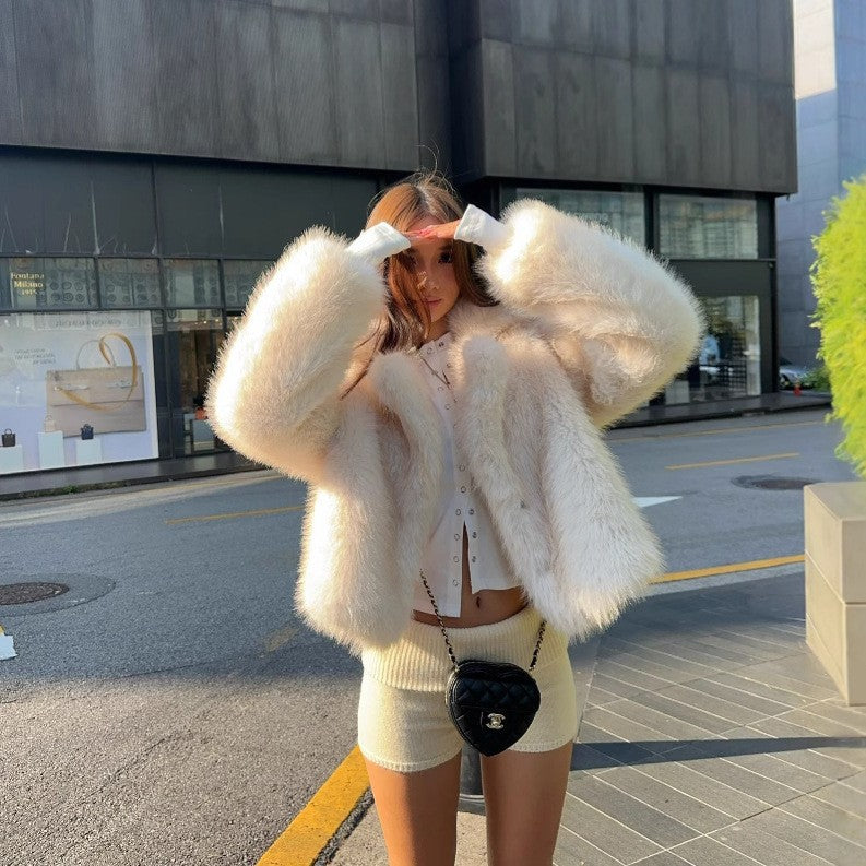 Cream fluffy faux fur jacket in Langry fashion, cropped with wide sleeves