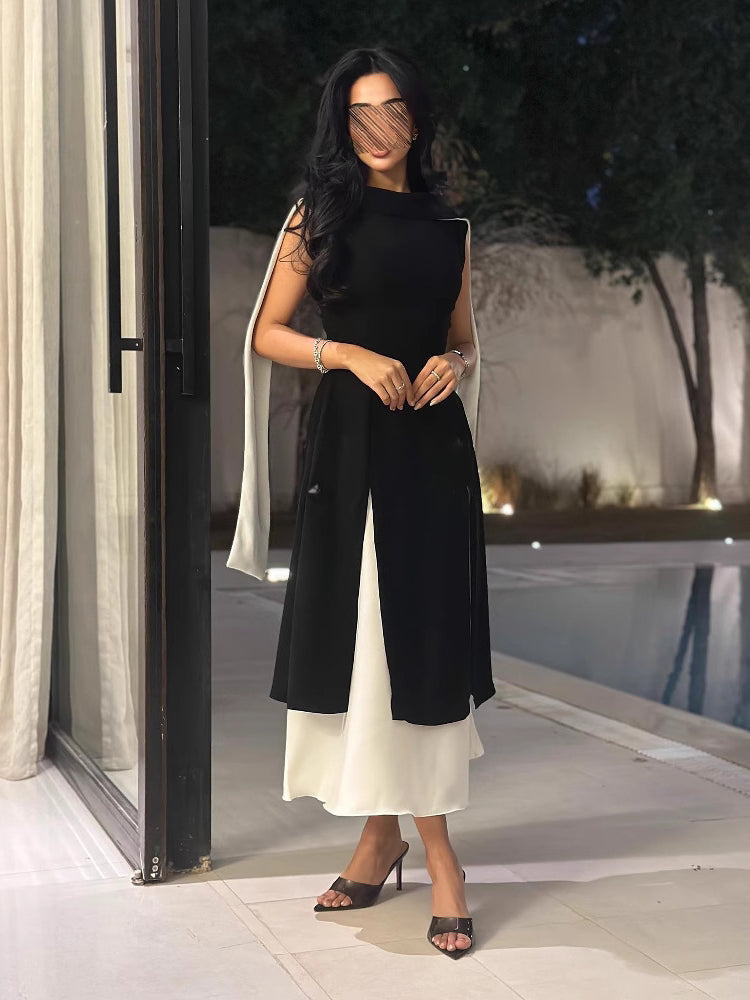 Langry fashion ملابس: black and white sleeveless retro dress with ruffled hem