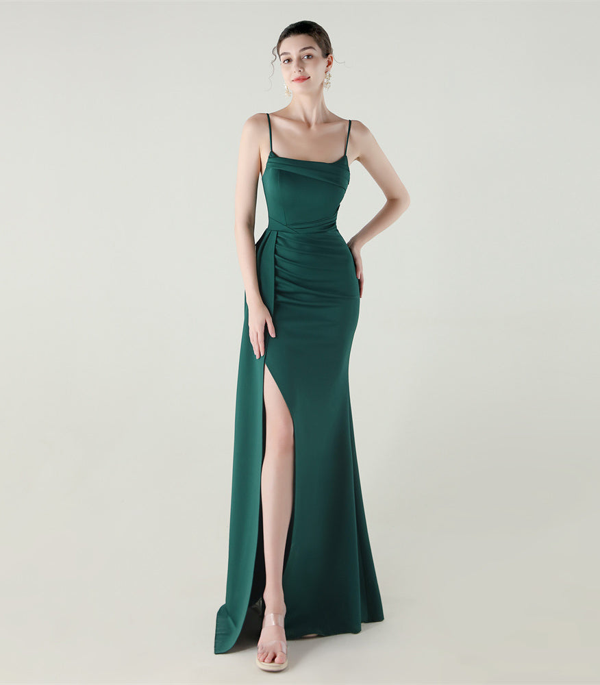 Elegant emerald green satin mermaid gown with high slit, langry fashion dress