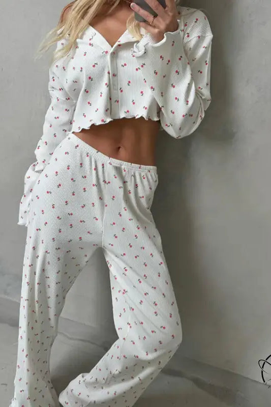 White cherry pattern langry two-piece fashion pajamas for ladies