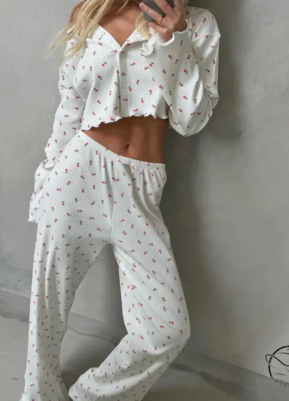 White cherry pattern two-piece langry pajamas for women