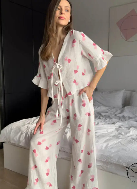 White ruffled short sleeves pajama set with pink heart print