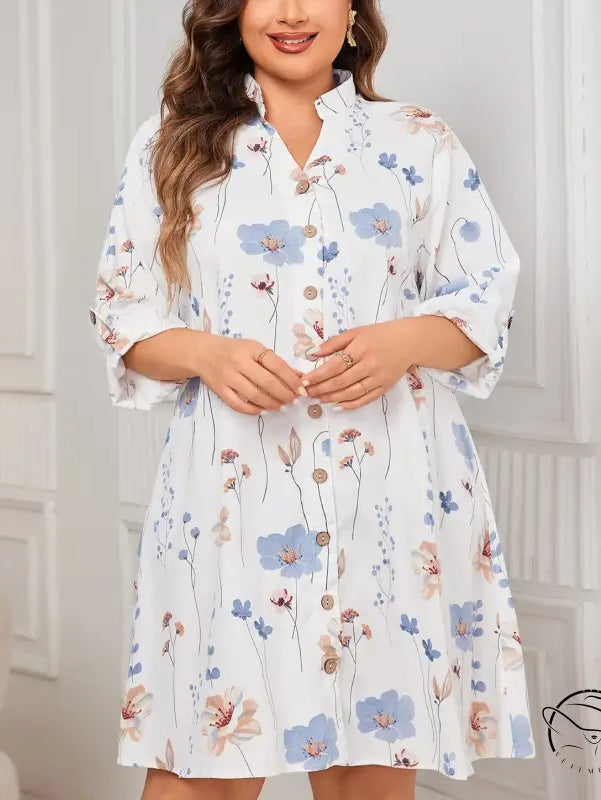 White floral comfy loose mid length dress with stand collar