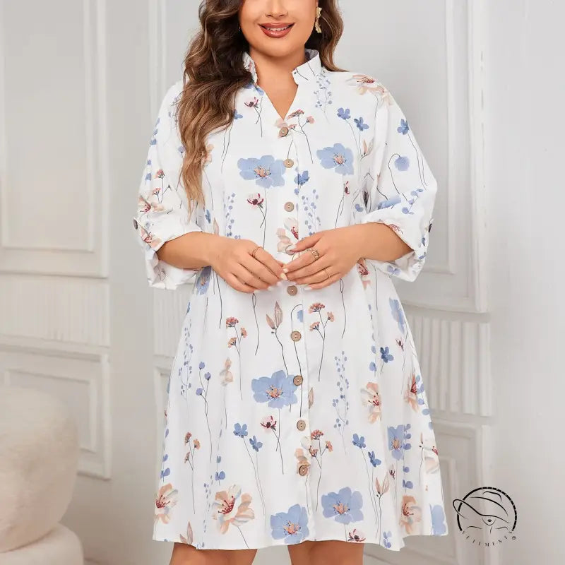 White floral comfy loose mid length dress with stand collar