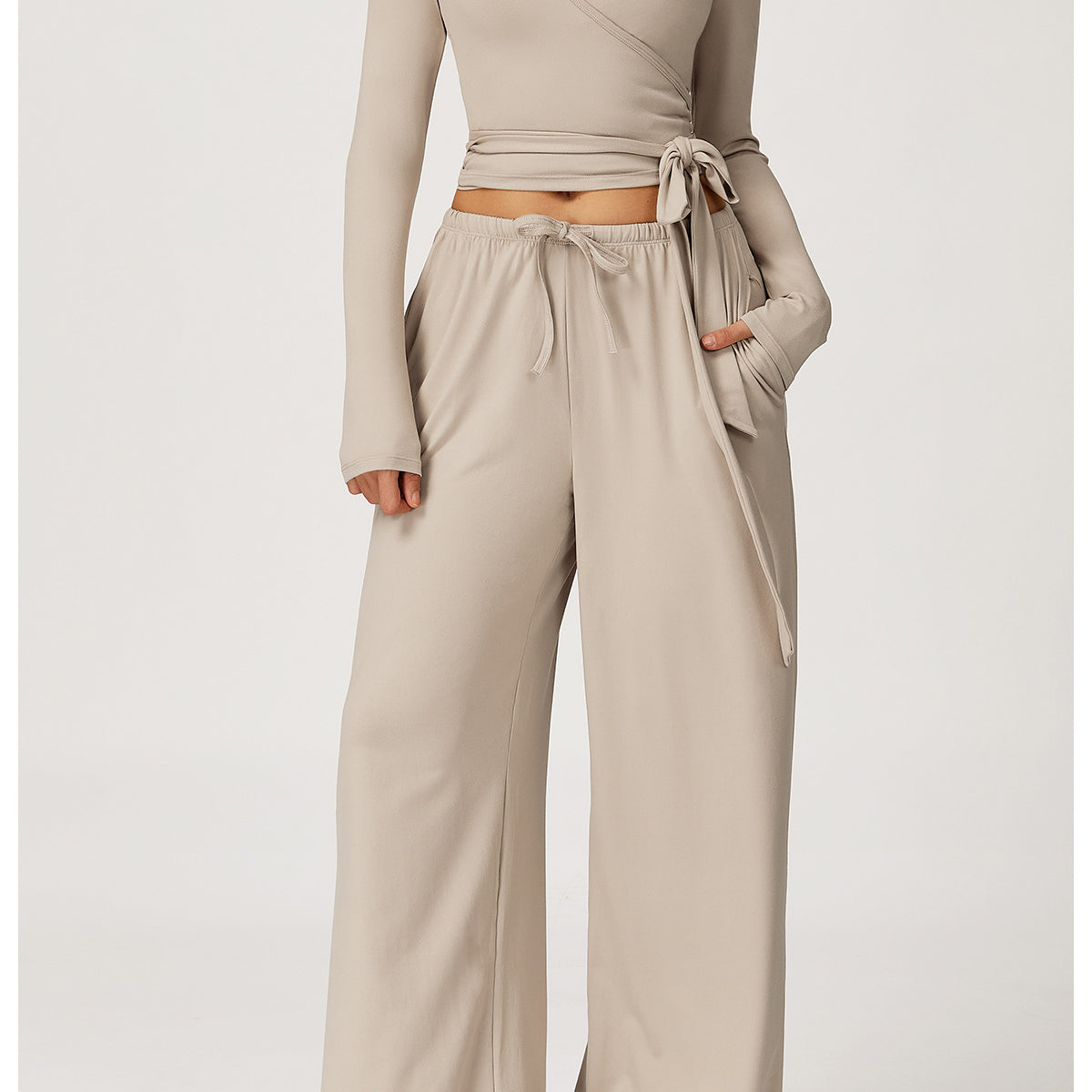 Langry beige wide-leg yoga pants with drawstring waist and pockets, fashion ملابس
