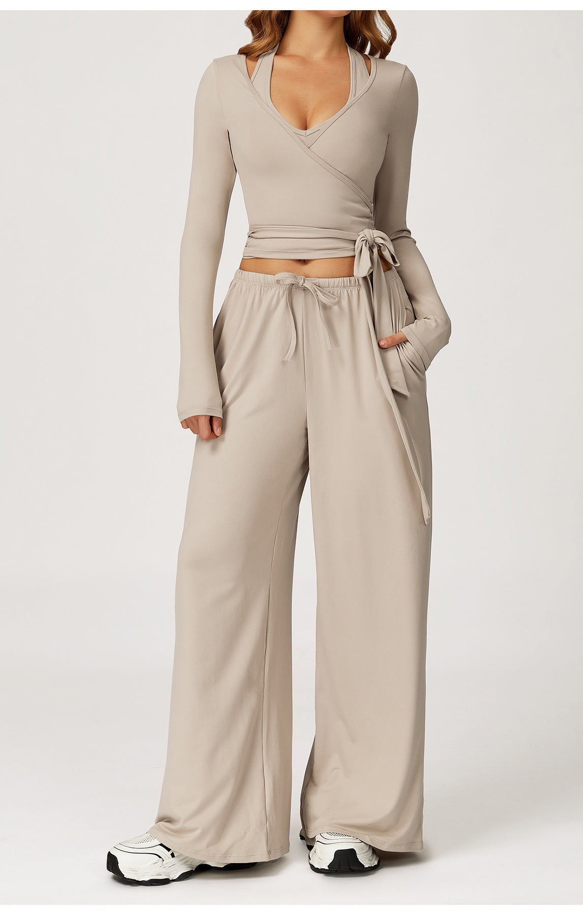 Langry beige wide-leg yoga pants with drawstring waist and pockets, fashion ملابس