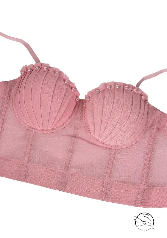 Pink seashell langry corset with pearl accents and sheer mesh fabric