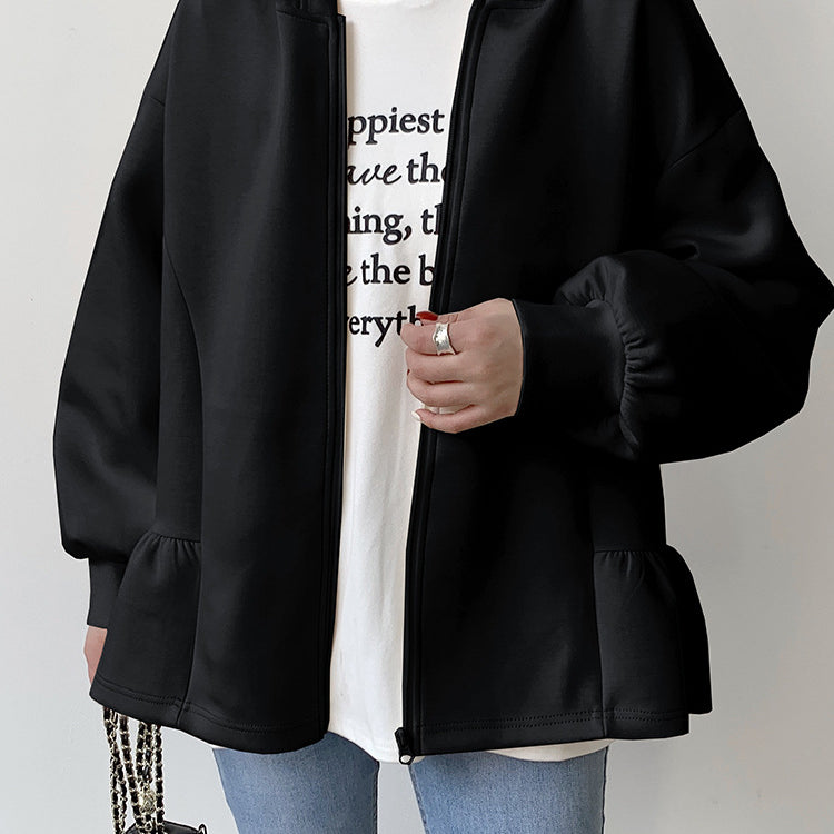Black Hooded Ruffle-Hem Jacket from Letian’s Winter Collection, stylish slim fit apparel