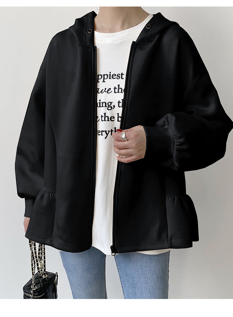 Black Hooded Ruffle-Hem Jacket from Letian’s Winter Collection, stylish slim fit apparel