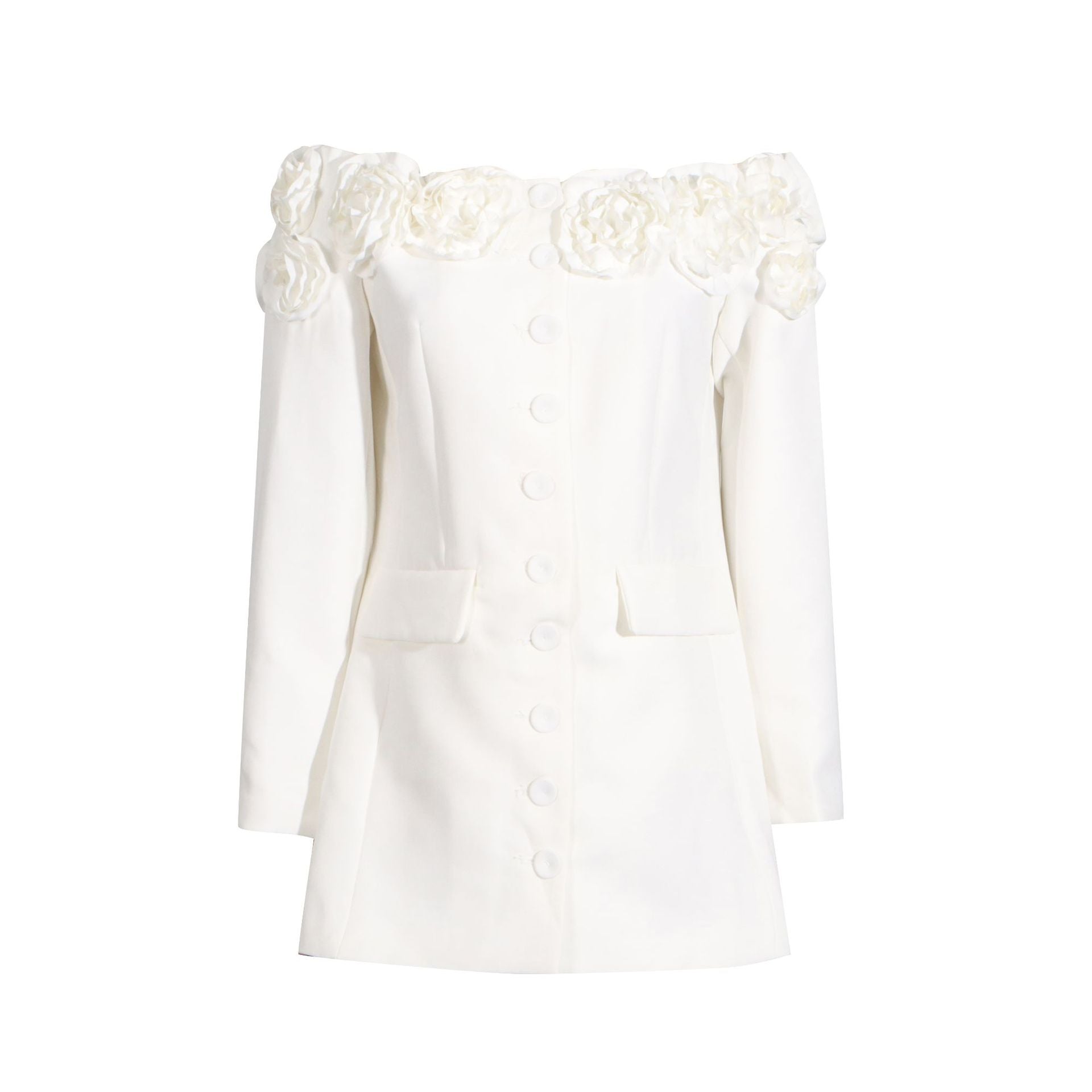 White off-the-shoulder dress with floral embellishments, a must-have in summer fashion ملابس