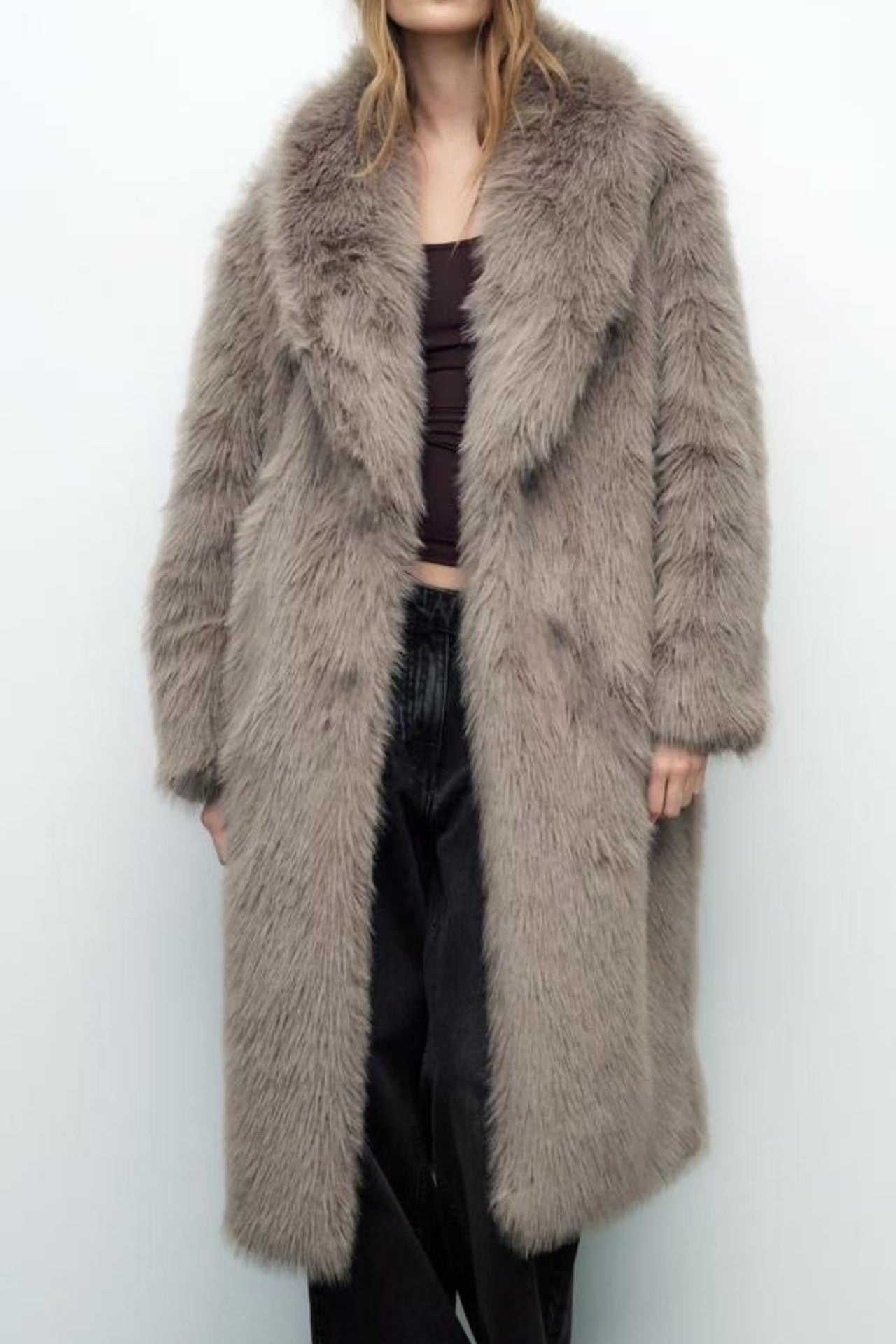 Elegant cozy faux fur coat in plush taupe with wide collar